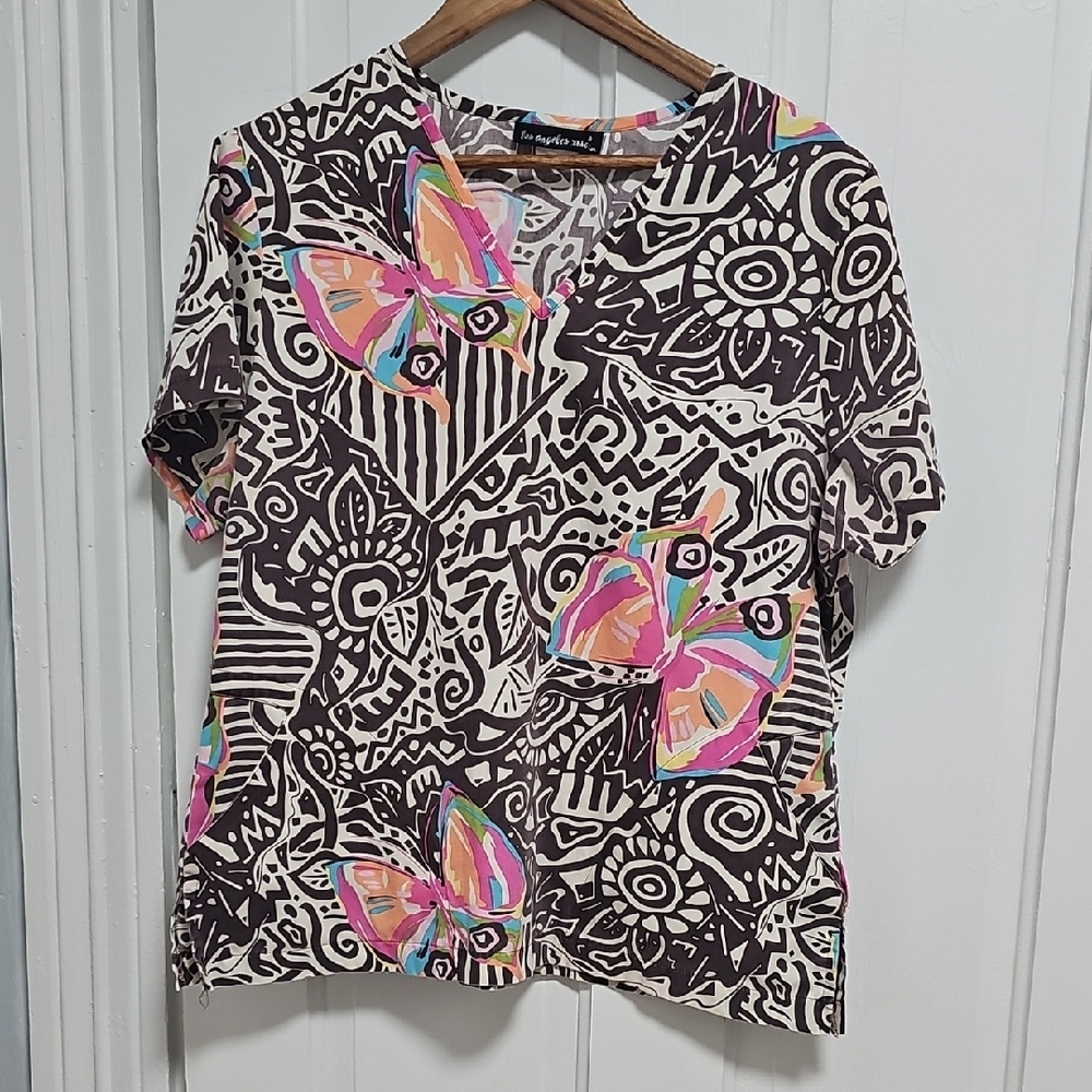 Brown and Pink Butterfly Print Scrub Top